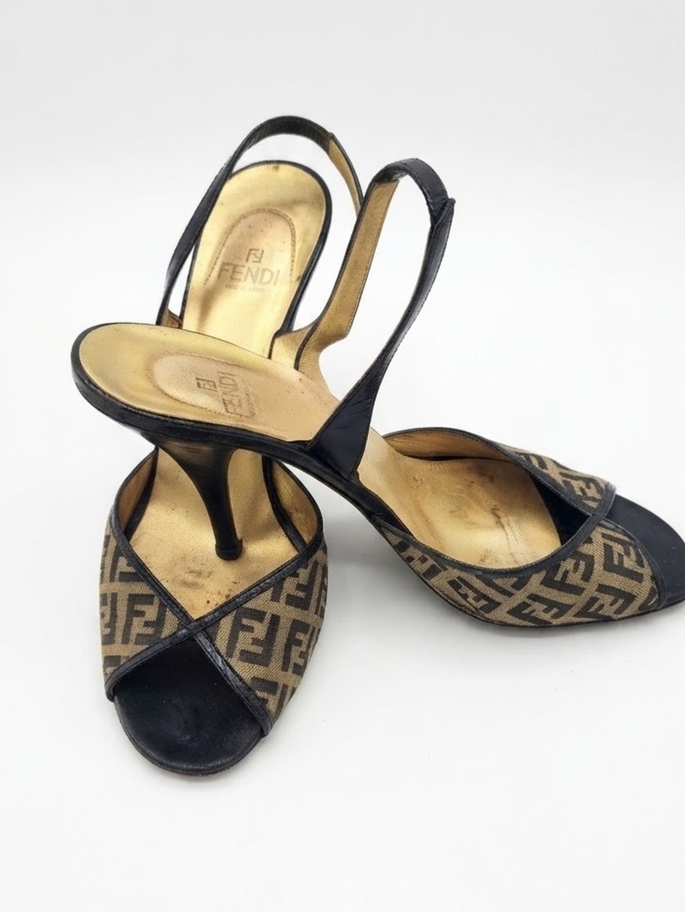 Fendi Navy Blue Monogram Peep-Toe Slingback Heels with Black Trim - Vintage 1999